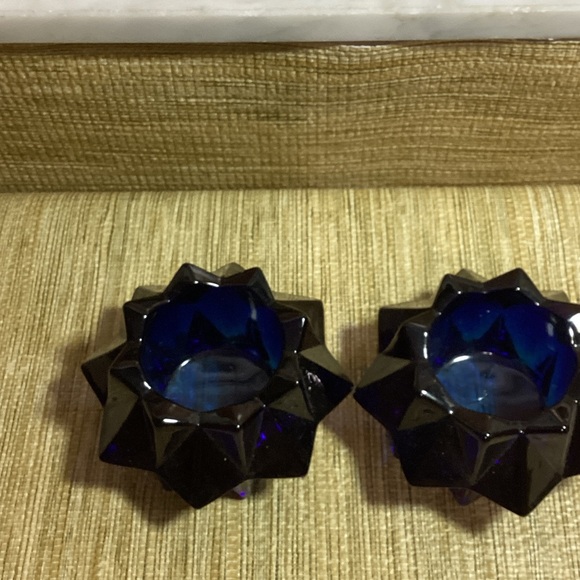 Vintage Pair Indiana Glass Starburst Cobalt Blue Votive Candle Holders - Picture 5 of 5